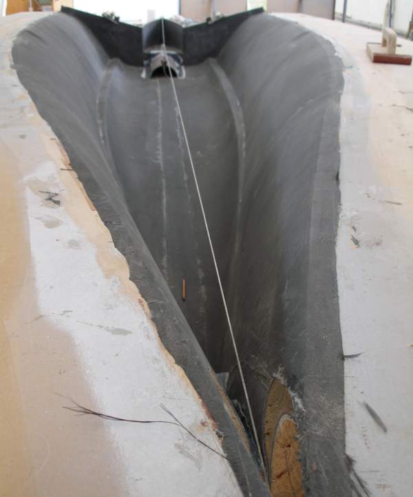 View of hull from bow, drain arch visible at transom