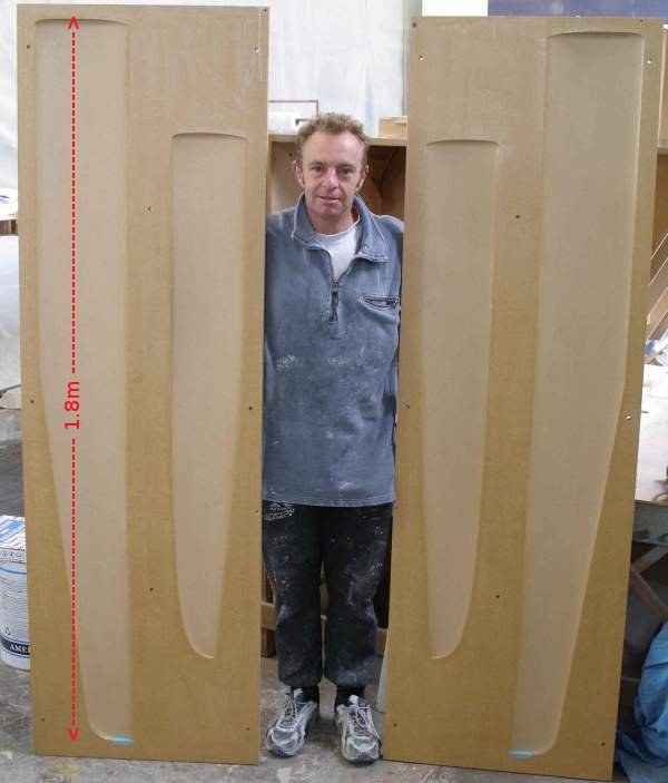Foil moulds, Sean (1.66m) included for scale, centreboard is 1.8m