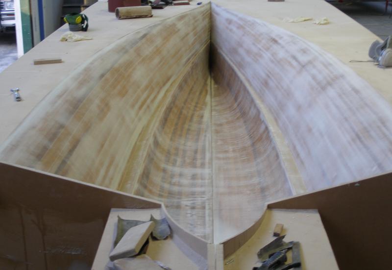 Mould glassed and sanded, pushed together transom view