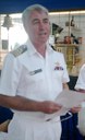 Commander Rex Edwards, HMNZS Pegasus, addresses the Leander Trophy Prizegiving audience
