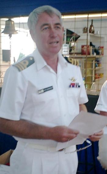 Commander Rex Edwards, HMNZS Pegasus, addresses the Leander Trophy Prizegiving audience