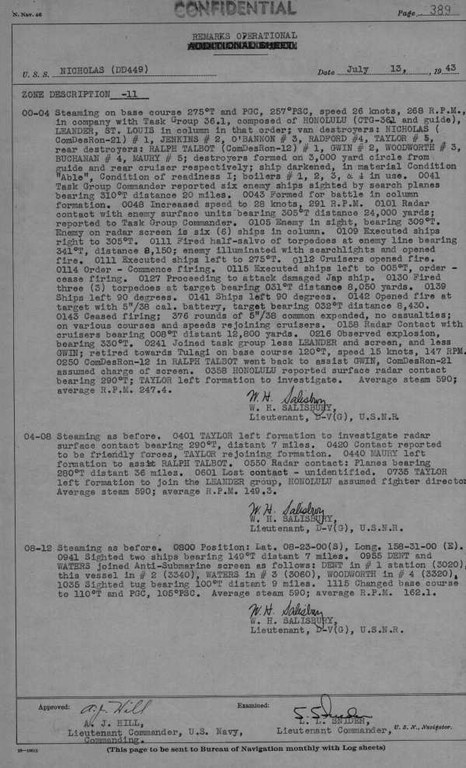 Log of the USS Nicholas (DD449) July 13, 1943 0000hrs - 1200hrs Log of the USS Nicholas (DD449) July 13, 1943 0000hrs - 1200hrs