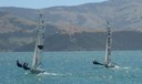Akaroa sprints beat, Meridian Energy (Tim Allan and Dave Pairman) to windward of Nuplex Davie Norris (Dan Leech and Sean Milner)