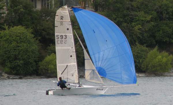 Mike Rhodes single handed at Wakatipu Yacht Club sailing Liquid